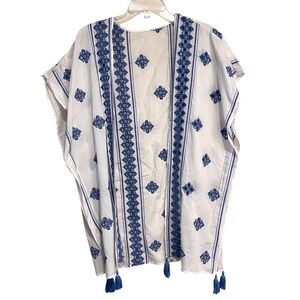 White Blue Embroidered Lace Swim Coverup Kimono Tassels 100% Cotton Small/Med
